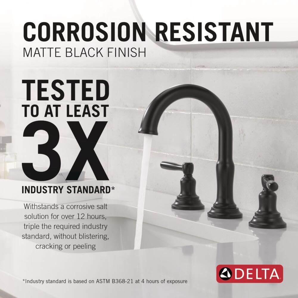 Delta Roe Matte Black Bathroom Faucet 3 Hole, 8 Inch Widespread Bathroom Sink Faucet for Vanity, Push-Pop Drain Assembly, Matte Black 35985LF-BL