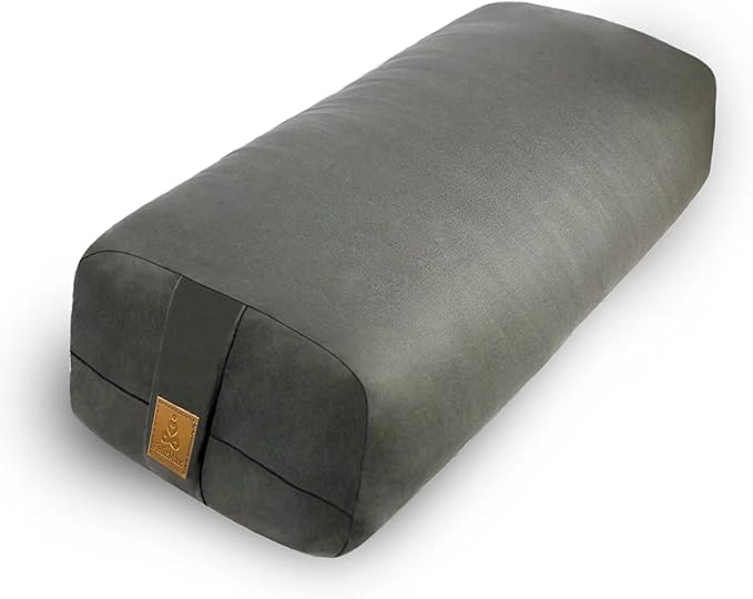 Yoga Bolster Pillow 26x10.5x5.5in Rectangular Meditation Cushion for Massage and Back Support, Breathable Cotton Fill, Zippered Organic Cotton Cover, Easy-Carry Handle, Machine Washable (Dark Grey)