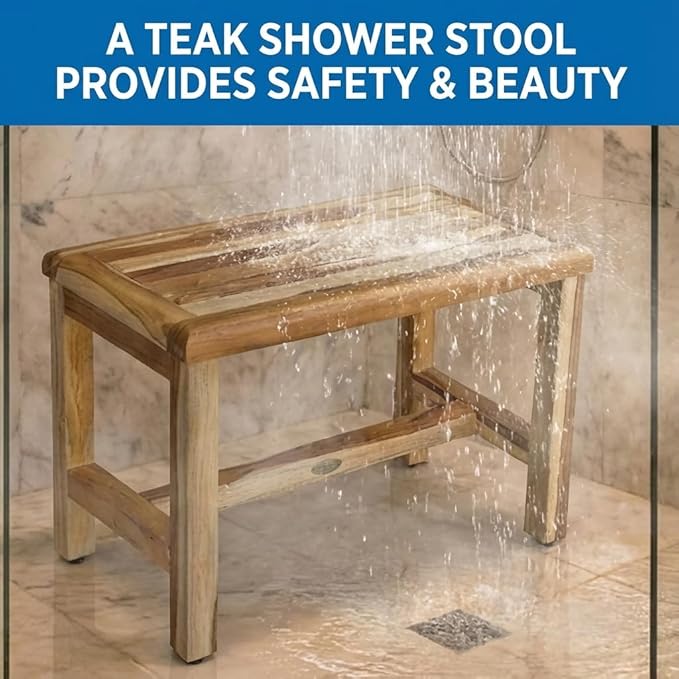 EcoDecors Eleganto 24 Inch Natural Color Waterproof Teak Wood Shower Bench Stool Seat Chair For Inside Shower Provides Safety, Storage, and Organization For Bathroom Accessories