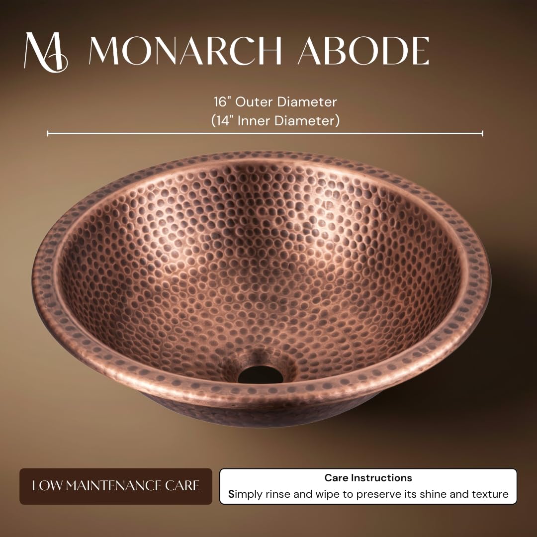 Monarch Abode Bathroom Sink – 16-Inch Rotunda Dual Mount Undermount or Drop In Bathroom Sinks, Bathrooms Hand Hammered Pure Copper Vanity Sink for Countertop, Powder Room, Bath, or Restroom