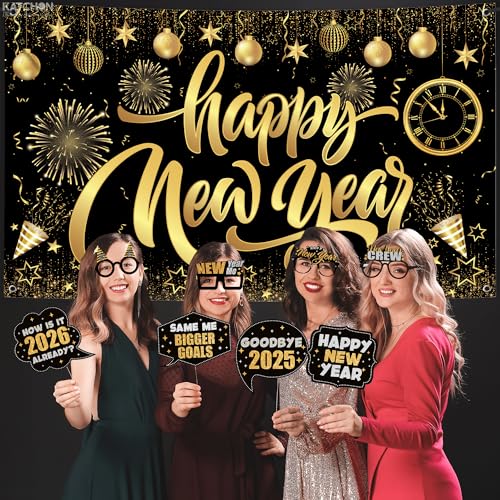 KatchOn, New Years Eve Party Supplies 2026 Set - Pack of 48 | Black and Gold Happy New Year Banner, New Year Photo Booth P...