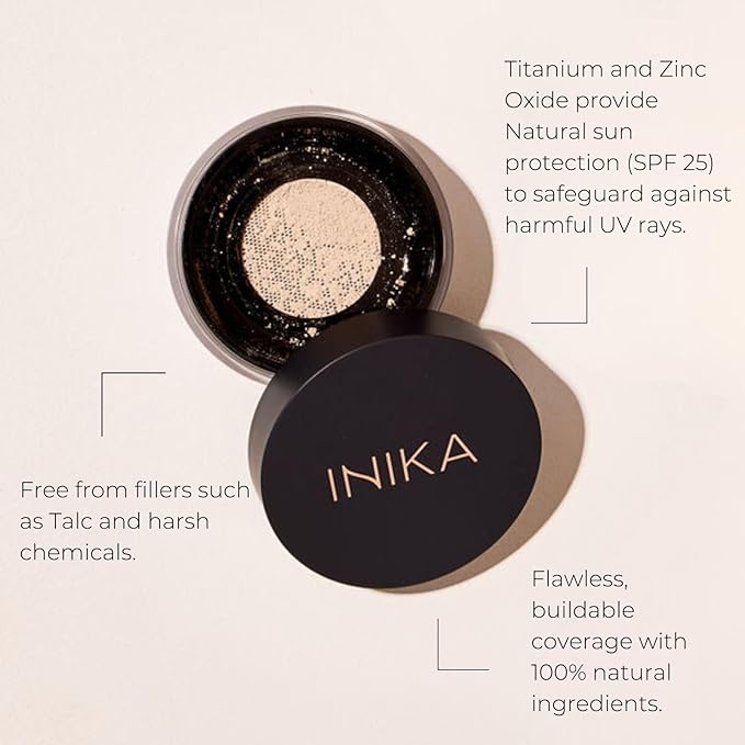 INIKA Organic Mineral Powder Foundation with SPF 25 - Vegan Makeup, Natural Looking, Buildable Coverage, Flawless Radiance & Glow, Blemish Coverage, Cruelty Free, Sustainable Packaging, Unity, 8g