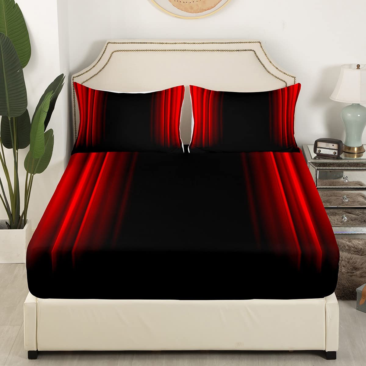 Abstract Ombre Decor Bed Sheets Kids Teens Red and Black Sheet Set Fashion Sheets Girls Boys Room Decor Queen Size,1 Flat Sheet +1 Fitted Sheet+2 Pillowcases,4Pcs Bedding