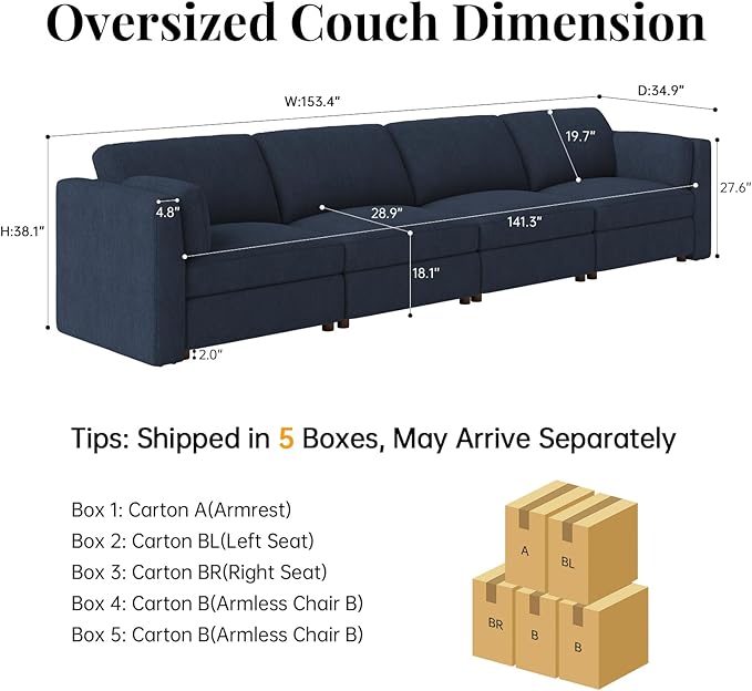 CUGOAO 153.4'' Modular Sectional Sofa, Oversized, Sectional Couch, Deep Seat Chenille Cloud Couch Sofa, Removable Cover, Mordern Upholstered Couches for Living Room, Apartment, Office, Blue