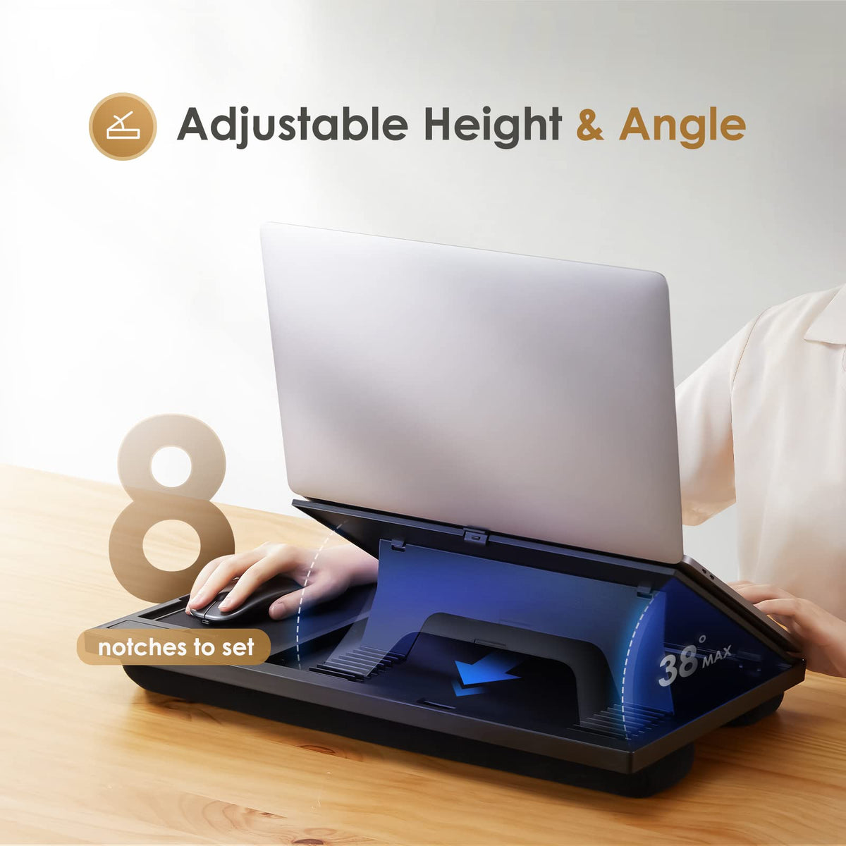 LORYERGO Adjustable Laptop Desk with Cushion, Mouse Pad & Cellphone Slot - Laptop Stand for Bed & Couch, Lap Desk for Home & Office (Black)