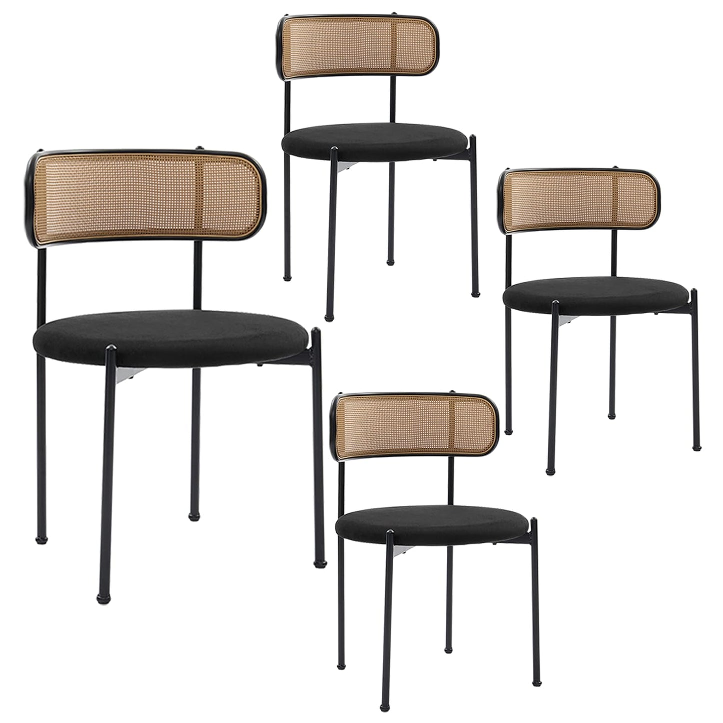 Puntogen Rattan Dining Chairs Set of 4, Kitchen Chairs with Curved Cane Backrest &Metal Legs, Modern Dining Room Chair, Round Upholstered Sherpa Chair for Living Room, Black