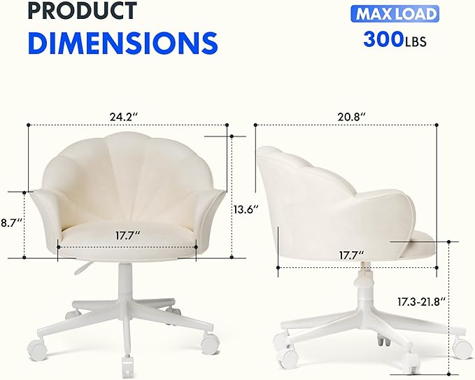 FLEXISPOT Makeup Vanity Chair with Back Velvet Armless Home Office Desk Chairs with Wheels, Cute Flower Modern Accent Chair for Girls Women Living Room Bedroom Vanity Study Small Space, White