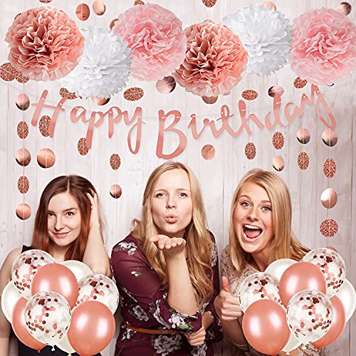 Rose Gold & Pink Party Decorations Set - Happy Birthday Banner, DIY Cake Topper, Circle Dots & Swirls Garlands, Tissue Pap...