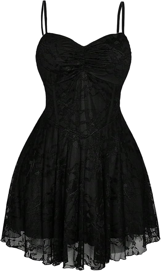 BEAUDRM Women's Plus Size Y2k Floral Gothic Dress Mesh Lace Goth A Line Mini Dresses Grunge Ruched Short Cami Sundress