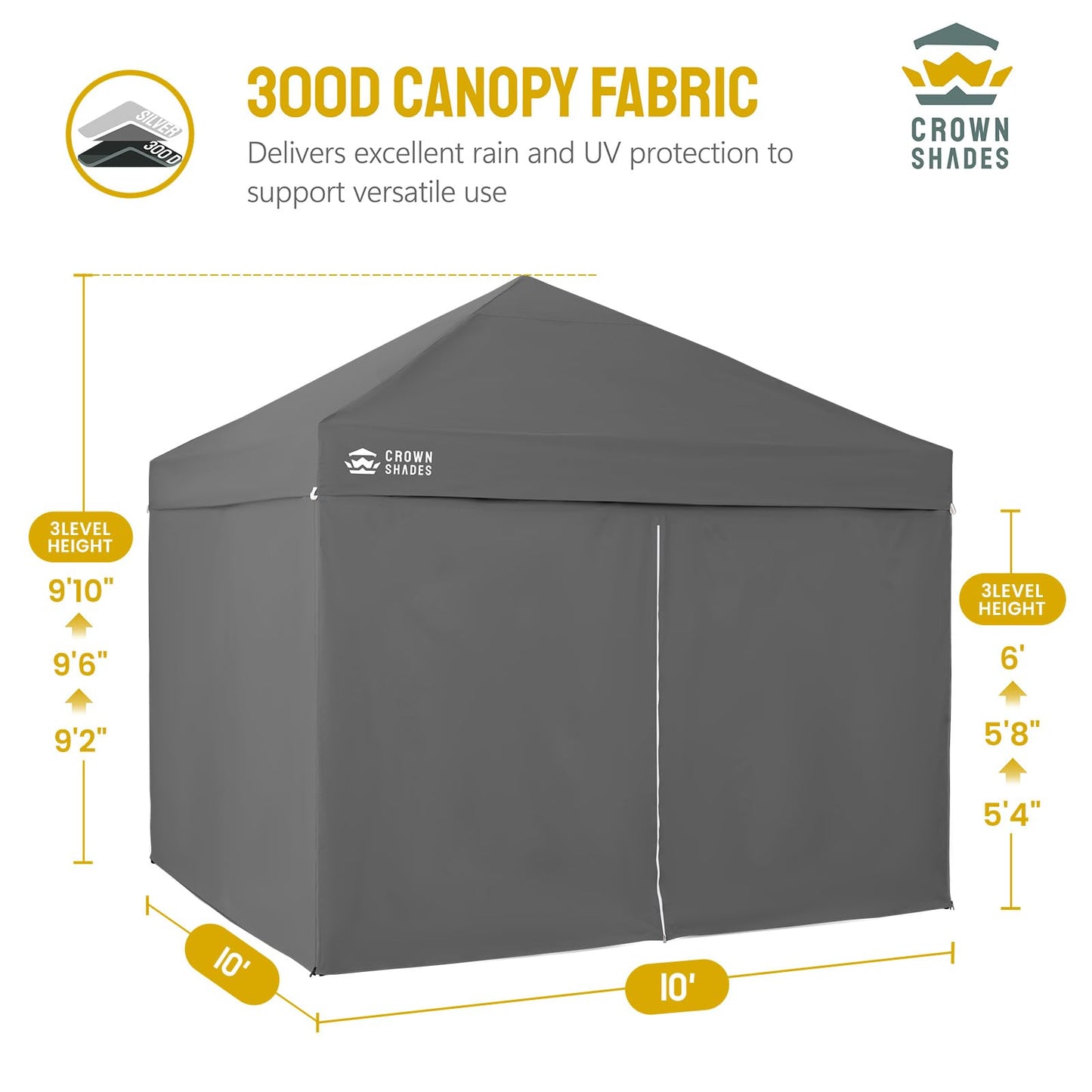 CROWN SHADES 10X10 Comercial Instant Canopy Pop Up Tent with Center Lock (10x10 with 4 Sidewalls, Grey)
