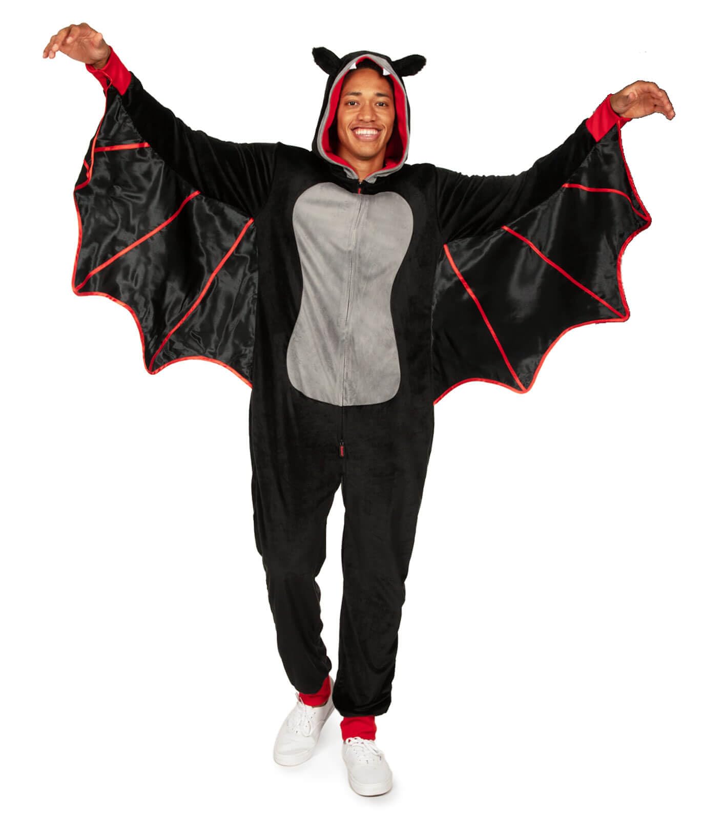 Tipsy Elves Men's Bat Halloween Costume - Funny Flying Animal Halloween Jumpsuit with Attached Wings - Black Bat Halloween Costume Including Hood with Integrated Teeth and Stuffed Ears Size Large