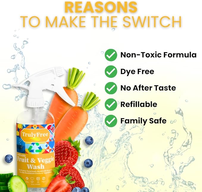 Truly Free Fruit and Vegetable Wash - Veggie Wash Removes 99% of Dirt & Wax | Plant-Based Produce Cleaner Spray | No Aftertaste, Refillable, Made in USA | Fragrance-Free, 16oz