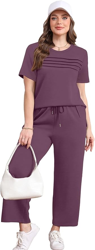 WIHOLL Two Piece Sets for Women Summer Travel Vacation Outfits Short Sleeve Lounge Sets Side Slit Wide Leg Pants S-3XL
