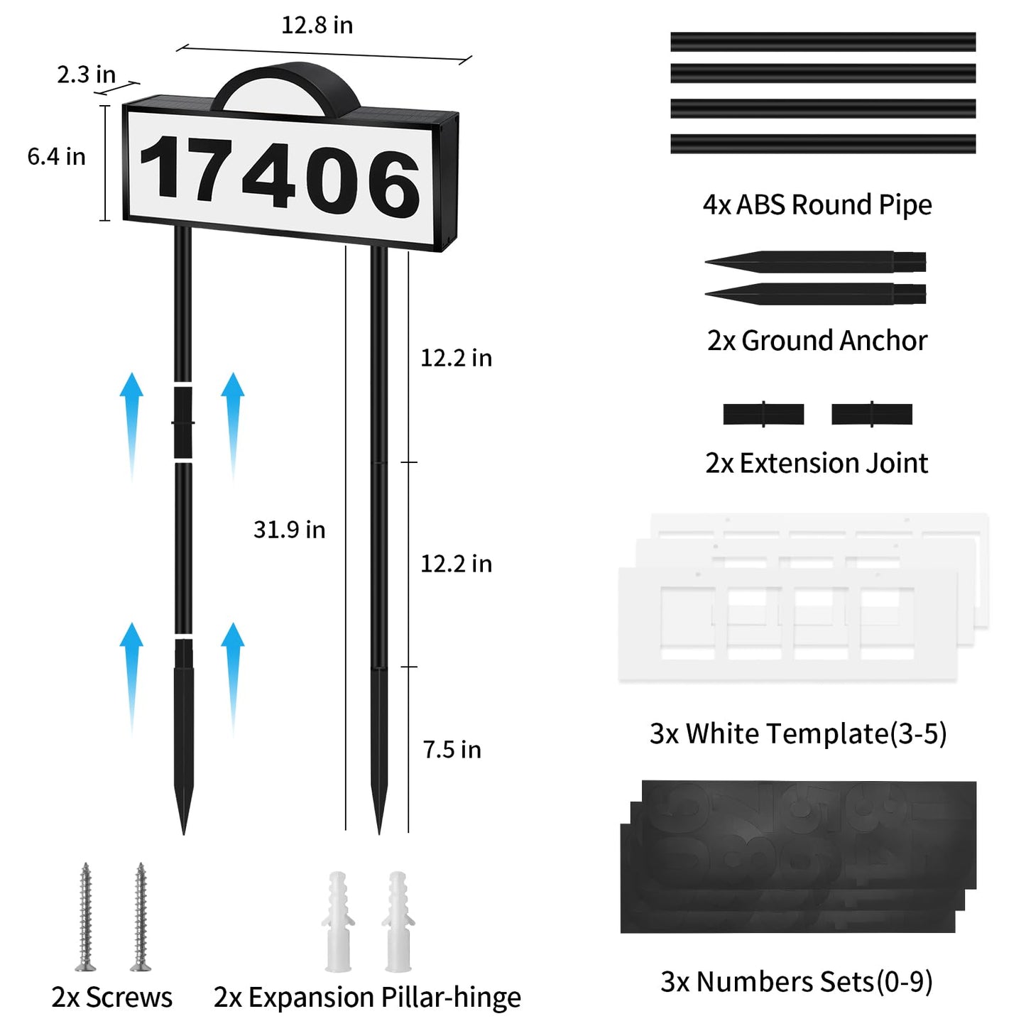 Solar House Numbers for Outside, Aqonsie Solar Powered Address Sign with Warm White & Cold White, IP65 Waterproof Solar Address Signs for Yard, LED Illuminated Plaques Wall Mounted & In Ground