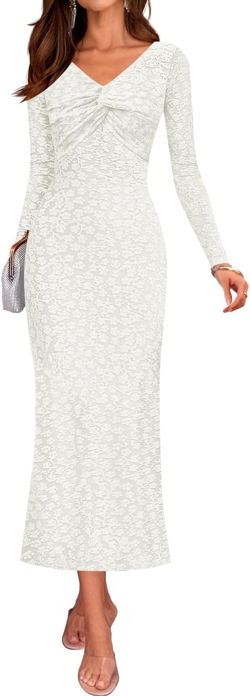 ZESICA Women's Fall Floral Long Sleeve Bodycon Dress 2026 Elegant V Neck Cocktail Party Long Midi Dresses