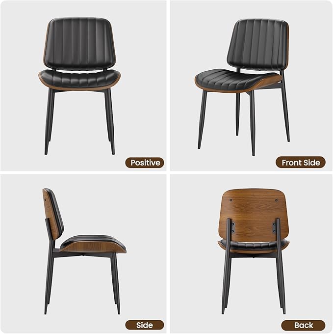 YaFiti Dining Chairs Set of 4, FSC Certified Mid Century Modern Dining Room Kitchen Chairs, Upholstered PU Leather Vertical Stripe Chairs for Vanity with Walnut Bentwood and Metal Legs, Black