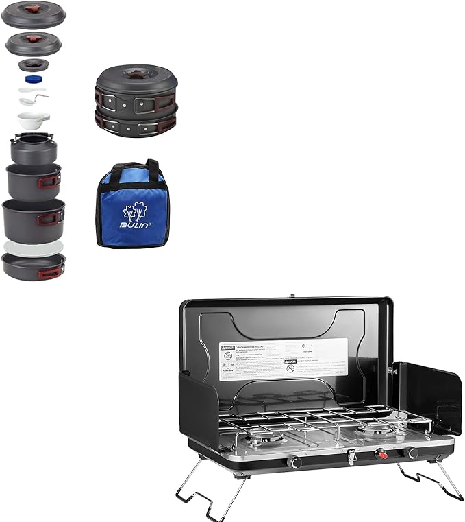 FineFlame Camping Stove 2 Burner With Bulin 13 PCS Camp Cookware Set Camping Cookwear