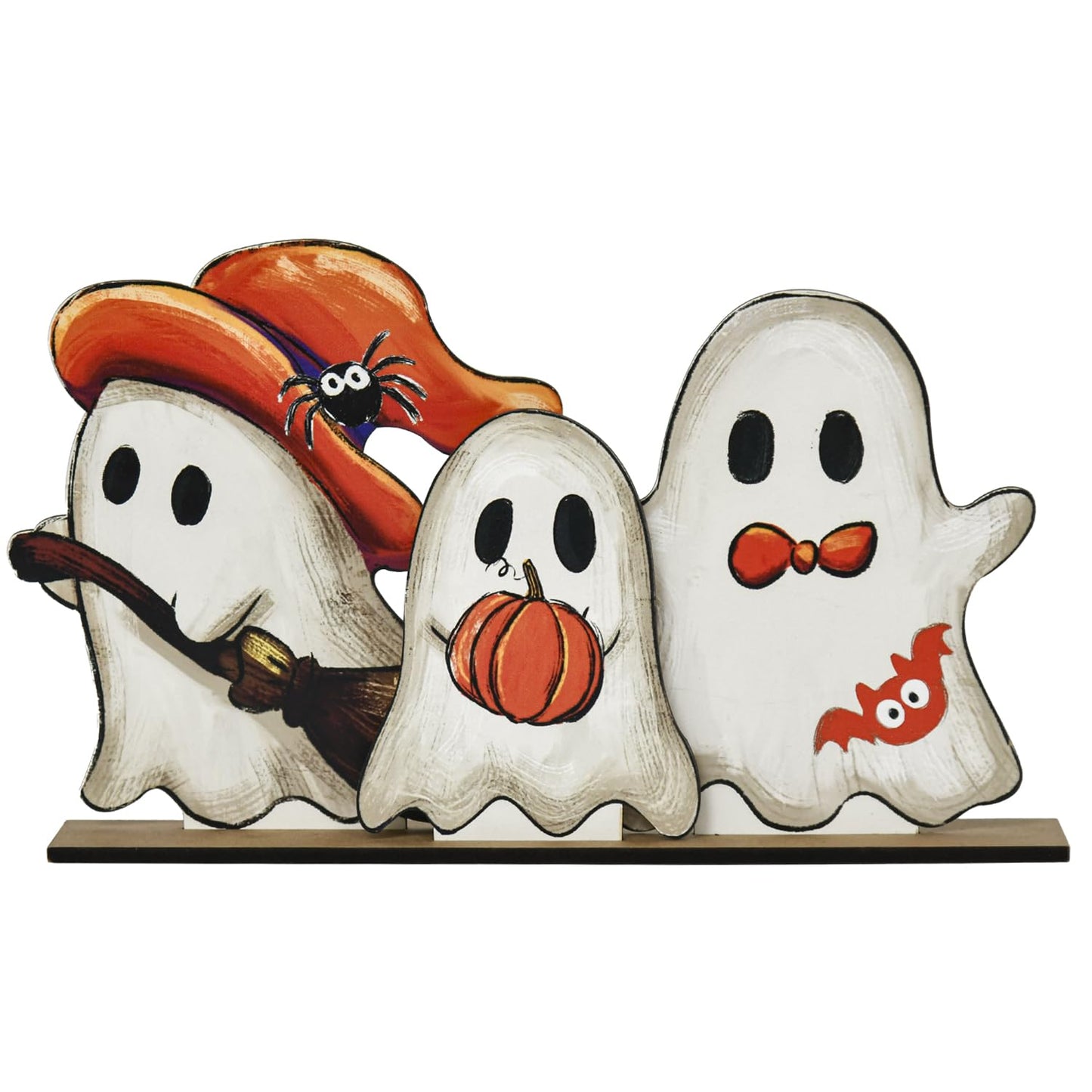 Smile Happy Halloween Wooden Table Decoration, Cute Ghost Spooky Standing Centerpieces, Indoor Decor for Desk Shelf and Party