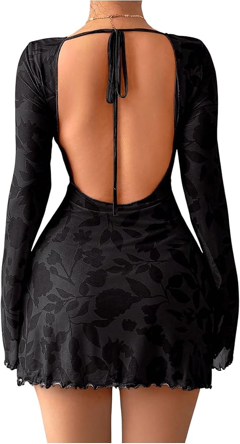 MakeMeChic Women's Floral Print Long Sleeve Mini Dress Mesh Backless Y2k Going Out Dresses