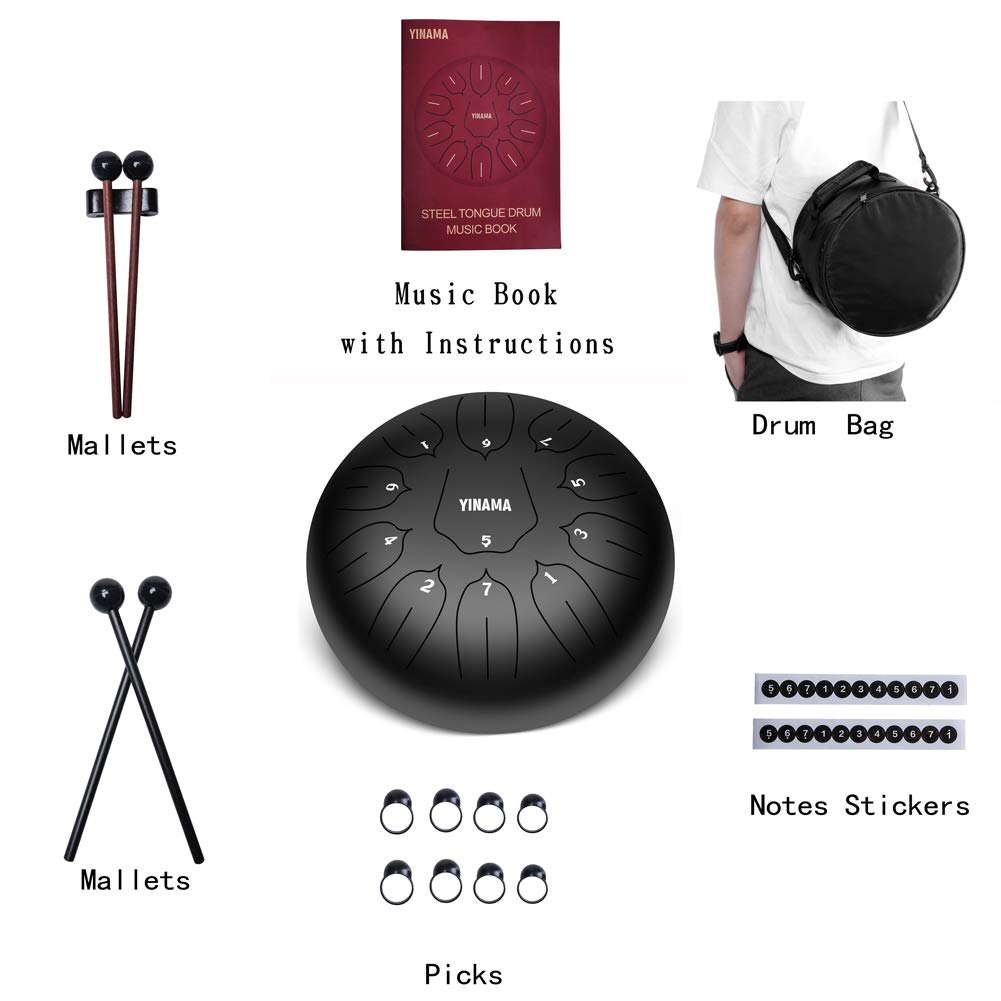Yinama Steel Tongue Drum Percussion Instrument 11 Notes 10 Inches Black