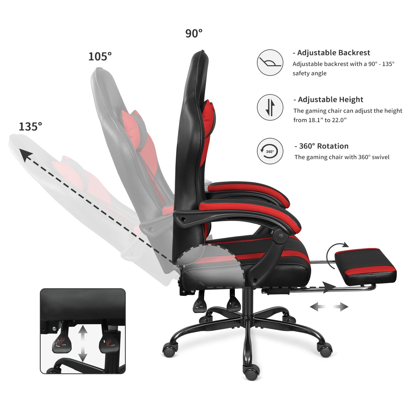 ErgoDesign Gaming Chair with Footrest and Massage Lumbar Support, Height Adjustable Game Chair, Video Gaming Chair for Gaming Room, Living Room and Office - Black/Red