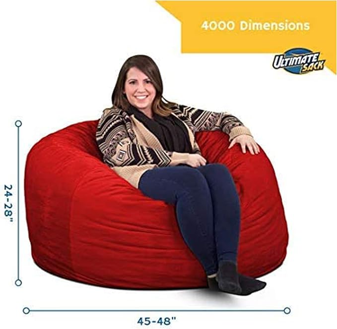 ULTIMATE SACK 4000 4-Foot Bean Bag Chair with Footstool, Grey Suede Cover – Oversized Foam Lounger, Floor Seat, Small Sofa, or Couch Bed for Living Area, Gaming Room, or Reading Lounge