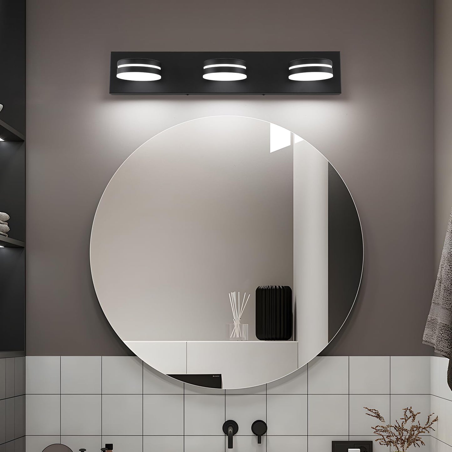 Bicrink 3-Light Bathroom Vanity Light Over Mirror, (24inch Dimmable) Matte Black LED Vanity Lighting Fixtures, Modern Bathroom Wall Light Fixtures with 360°Rotating Lamp Head (Cool White 5500K)
