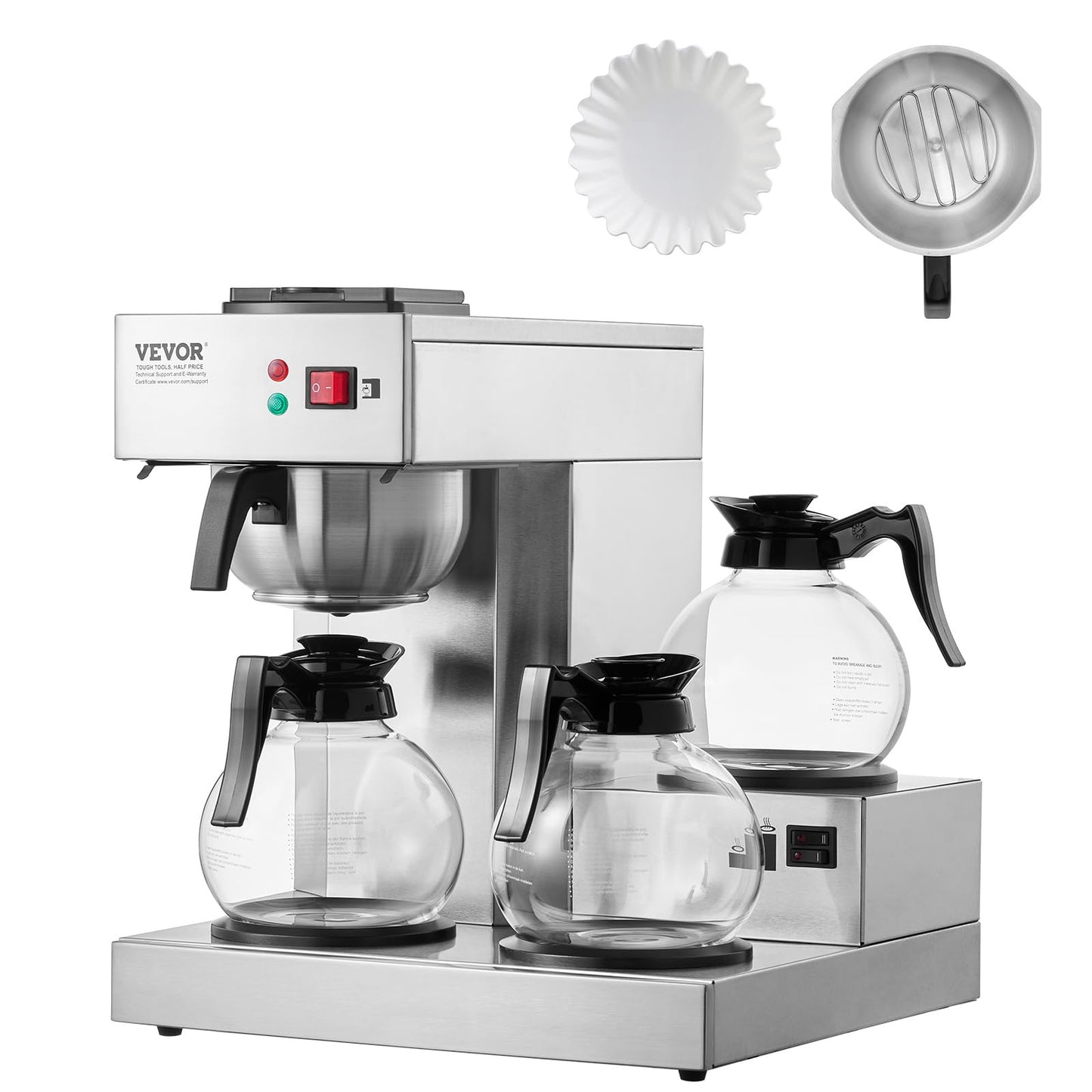 VEVOR 12 Cups Commercial Drip Coffee Maker, Coffee Maker Machine with 3 Glass Carafes and 3 Warmer Plates, Stainless Steel Pour Over Coffee Brewer for Restaurant, Office, Cafe