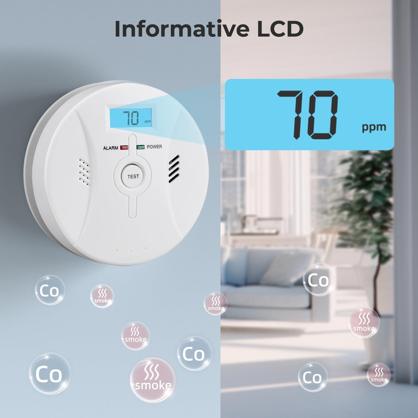 SHYEEH Smoke and Carbon Monoxide Detector, Combination Smoke Alarm and Carbon Monoxide Detector Battery Powered, CO Detector Alarm with Sensitive Sensor, Sound Warning and LCD Display, CDR-803