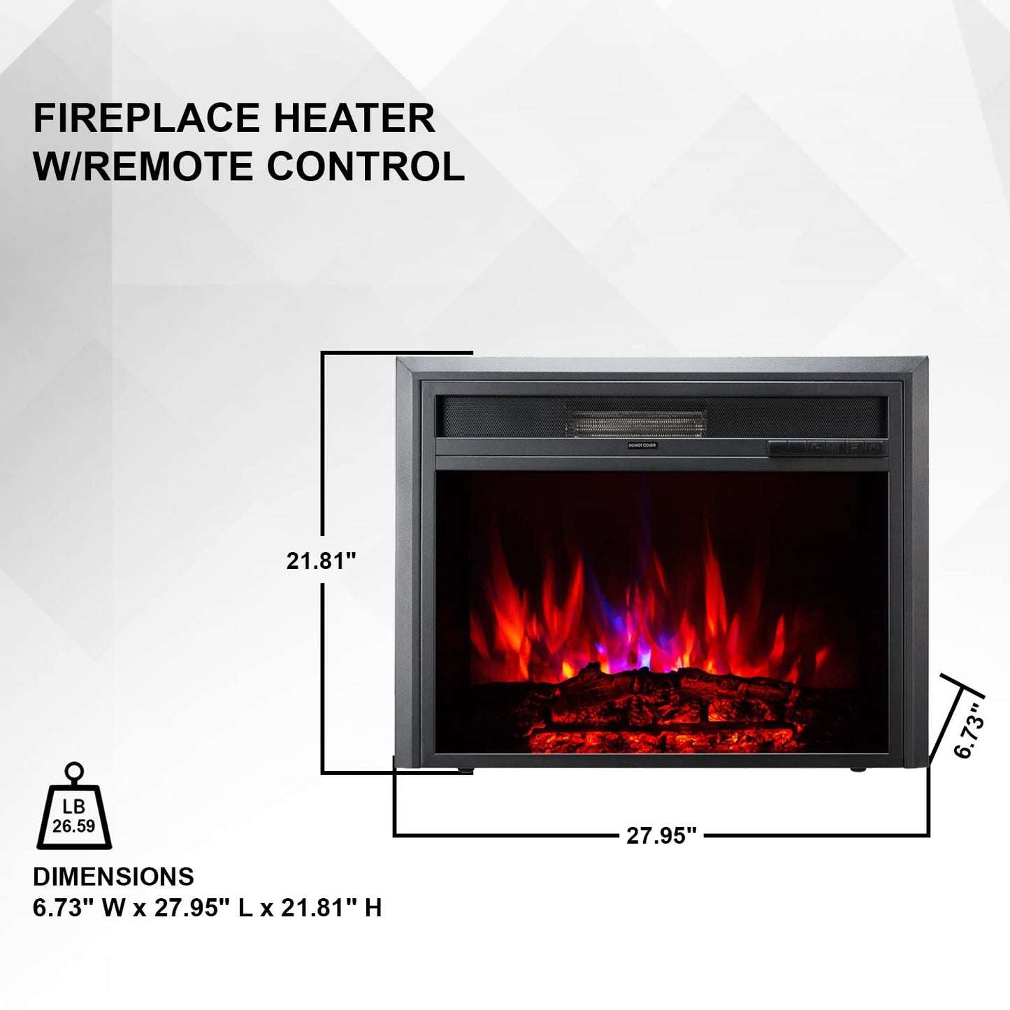 XBrand 28 Inch Insert Electric Fireplace Heater with Remote Control, LED Rolling Flame Effect, and Temperature Limiting Control, Glass and Steel Indoor, Black