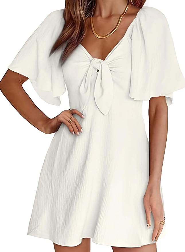 Dokotoo Womens Dresses 2026 Spring Summer Deep V Neck Elegant Bow tie Mini Dress S-XL