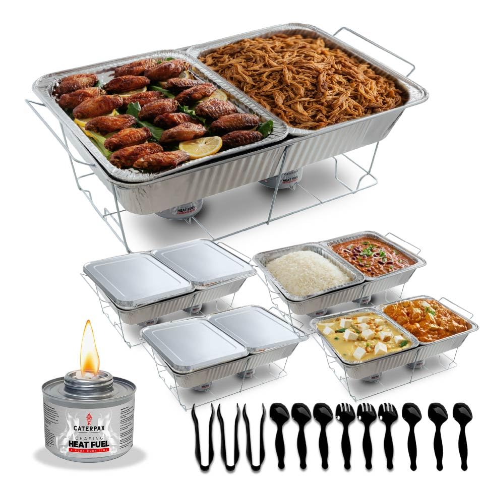 5 Pack - Disposable Chafing Dish Buffet Set - Large Full Size (52 pcs) – Catering Food Warmers with Half-Sized Serving Pans, Lids, Racks, Utensils & Fuel Cans - Perfect for Buffets & Food Serving
