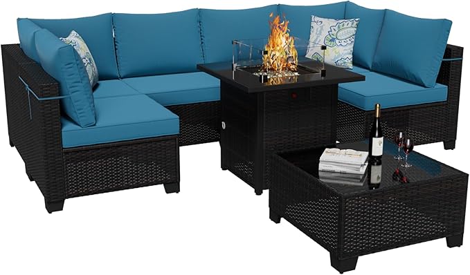 Ophelian 8 Piece Patio Furniture Set with Fire Pit Table, Wicker Outdoor Sectional Sofa Set with Thick Anti-Slip Chusions, Patio Conversation Sets for Backyard, Garden, Deck (Brown/Peacock Blue)