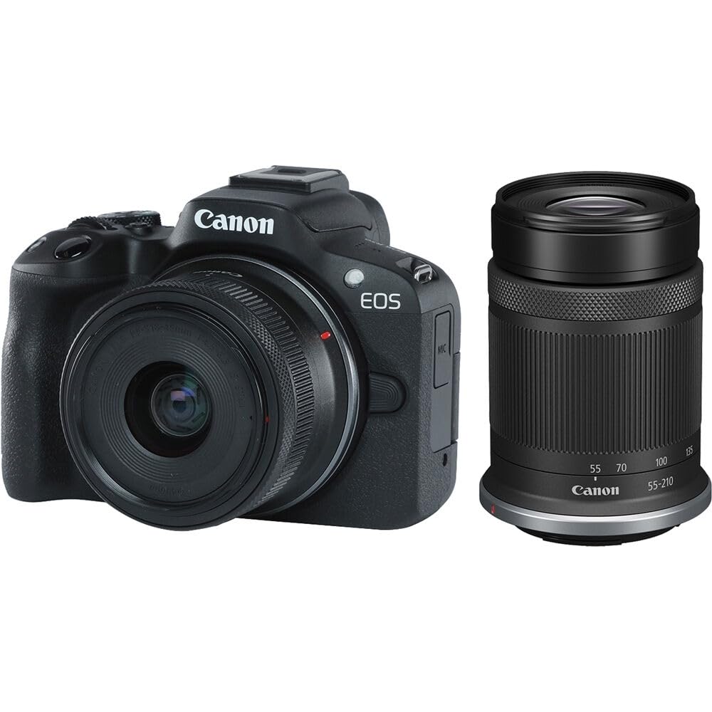Canon EOS R50 Mirrorless Camera with 18-45mm and 55-210mm Lenses (Black) Bundle with 64GB Memory Card + Canon 200ES EOS Shoulder Bag (3 Items)
