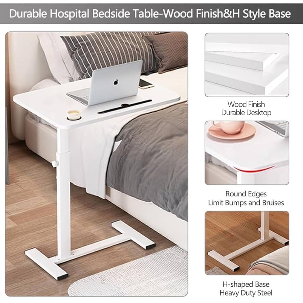 BeGyoku Overbed Table,Over The Bed Table with Hidden Wheels&Cup Holder,Adjustable Bedside Table and Rolling Table Tray&Laptop Cart,Hospital Table Over Bed for Home Use-White