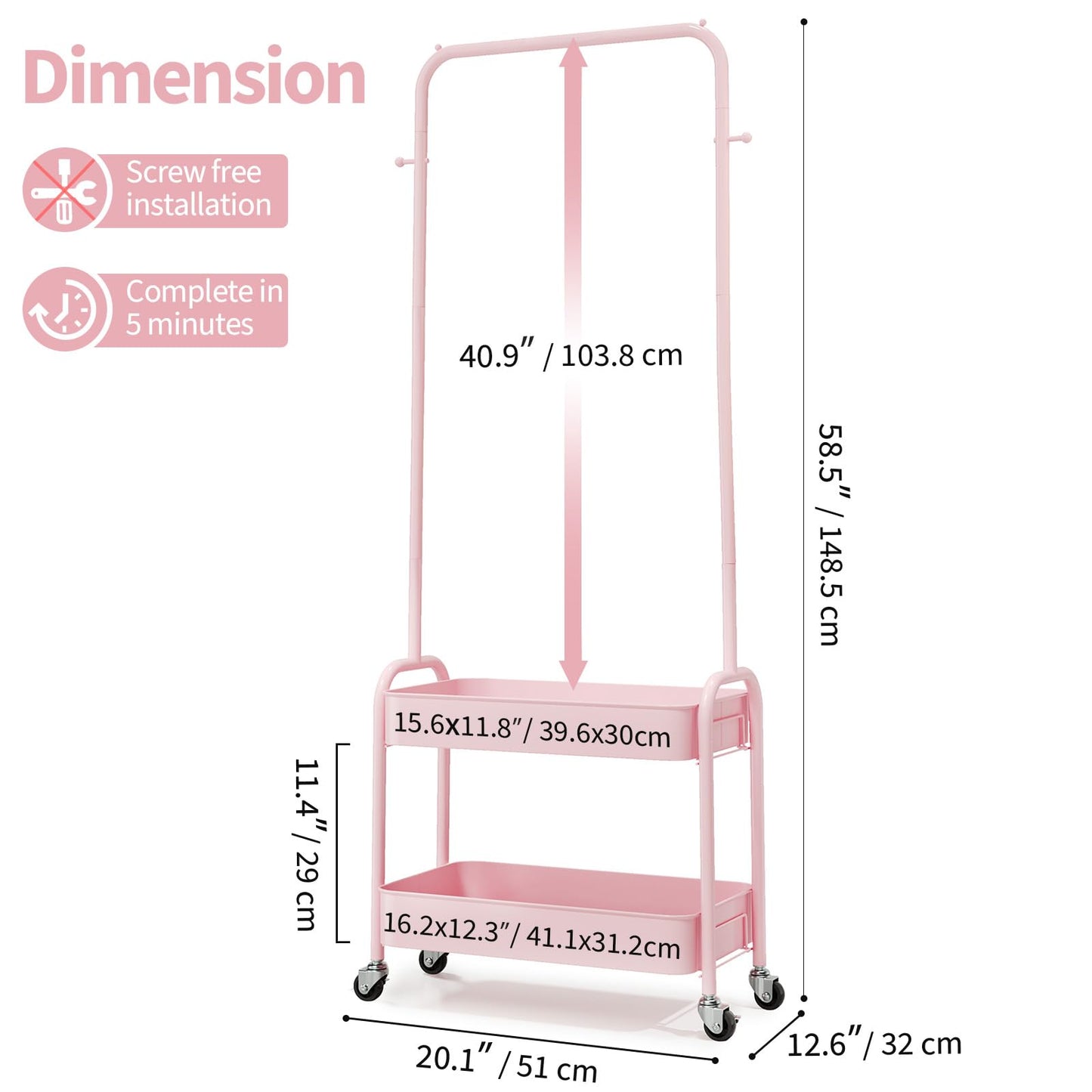 KINGRACK Kids Clothing Rack, Small Clothes Rack with Metal Basket, Wardrobe Rack with Wheels, Child Rolling Garment Rack Storage for Clothes, Coats, Skirts, Pink