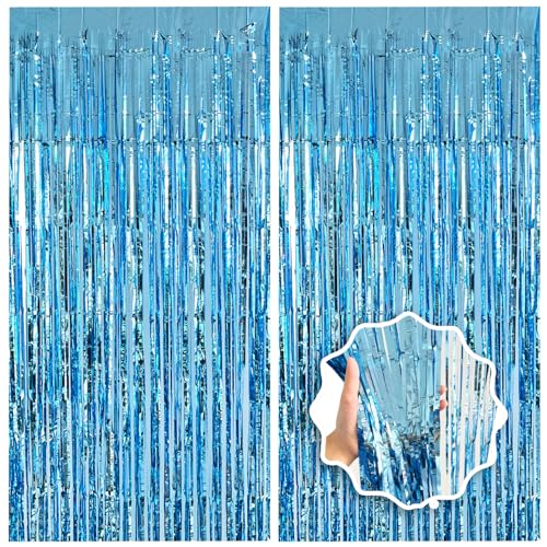 Blue Streamers Party Decorations 3.3x8.2ft 2 Pack Light Blue Tinsel Foil Fringe Curtain Backdrop Ocean Themed Party Decor ...