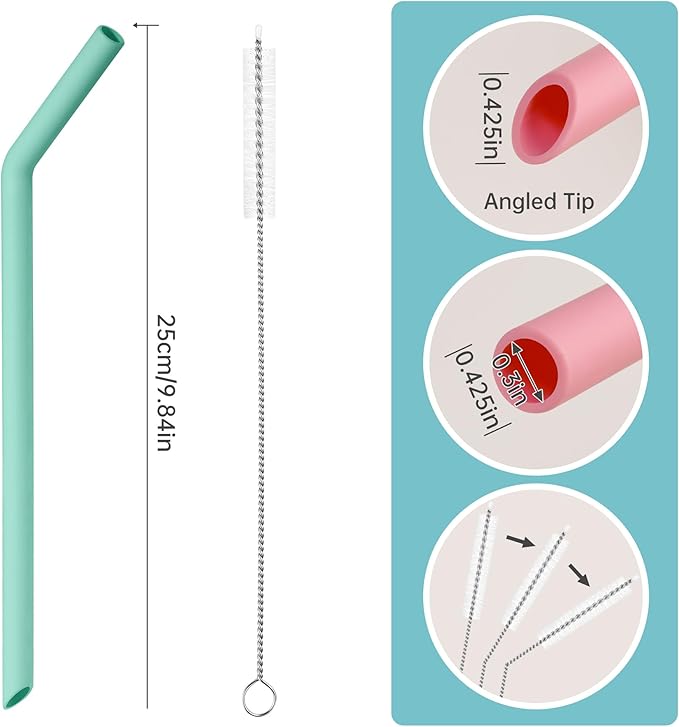 NiHome 6 PCS Wide Reusable Bent Silicone Straws for Boba, Smoothies, Bubble Tea, 0.425" Bent Straws Eco-Friendly, Colorful for Drinks, Child-Safe, Customizable Length, 2 Brushes (Rainbow Colors)