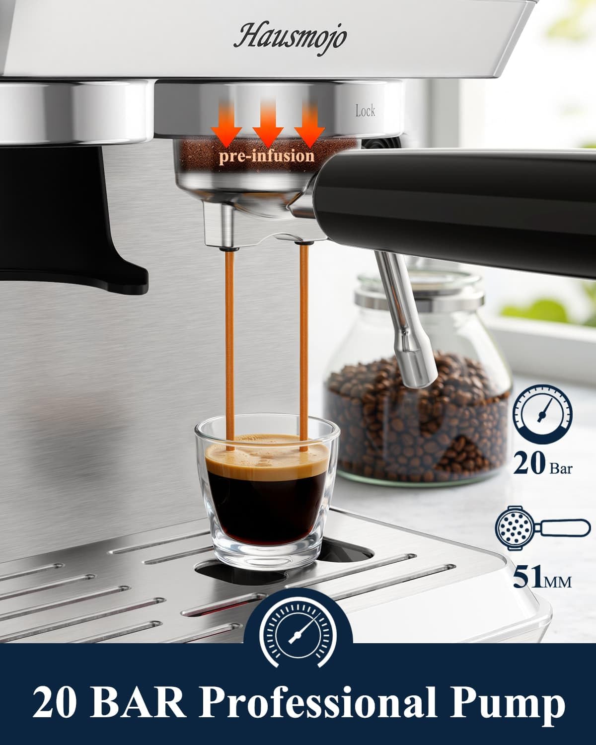Hausmojo CM1620 Espresso Machine with Built-in Burr Grinder, 20 Bar Bean-to-Cup Espresso Maker with 44 Grind Settings & Steam Wand, Touchscreen Coffee Machine for Latte, Cappuccino & Iced Coffee
