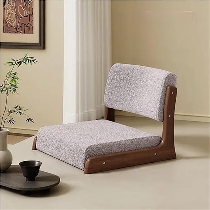 Japanese Style Legless Floor Chair with Back Support, Wooden Tatami Meditation Chair with Cushion, Low Sofa Floor Seat for Living Room, Bedroom, Bay Window(Sherpa 1)