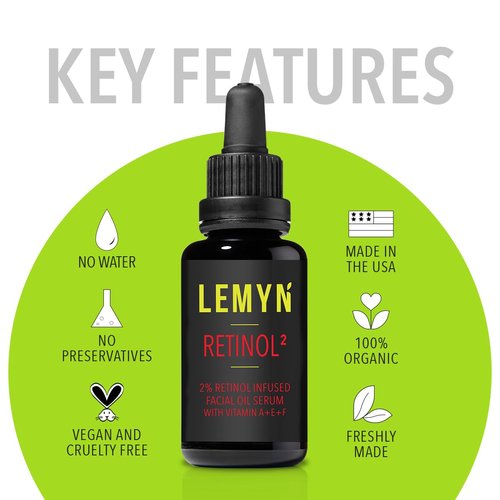 Lemyn Organics Retinol2 Facial Oil Serum with 2% Advanced Gentle Retinol, Vitamin A+E+F – Freshly Made Anti-Aging, Hydrating, and Firming Formula | 30ml