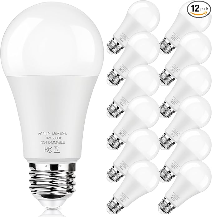 LED Light Bulbs 100W Equivalent 1500 Lumens, A19 13W 5000K Daylight White Non-Dimmable, Super Bright No Flicker Standard E...