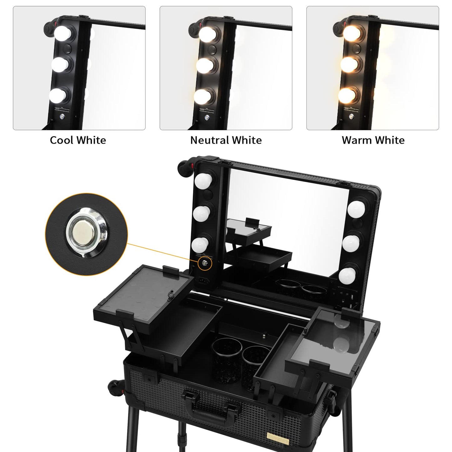 Tense Edano Aluminum Trolley Makeup Train Case with LED Lights Professional Cosmetic Organizer Studio with Speaker, Wheels and Stands Rolling Lighted Makeup Vanity Station for Travel (Black)