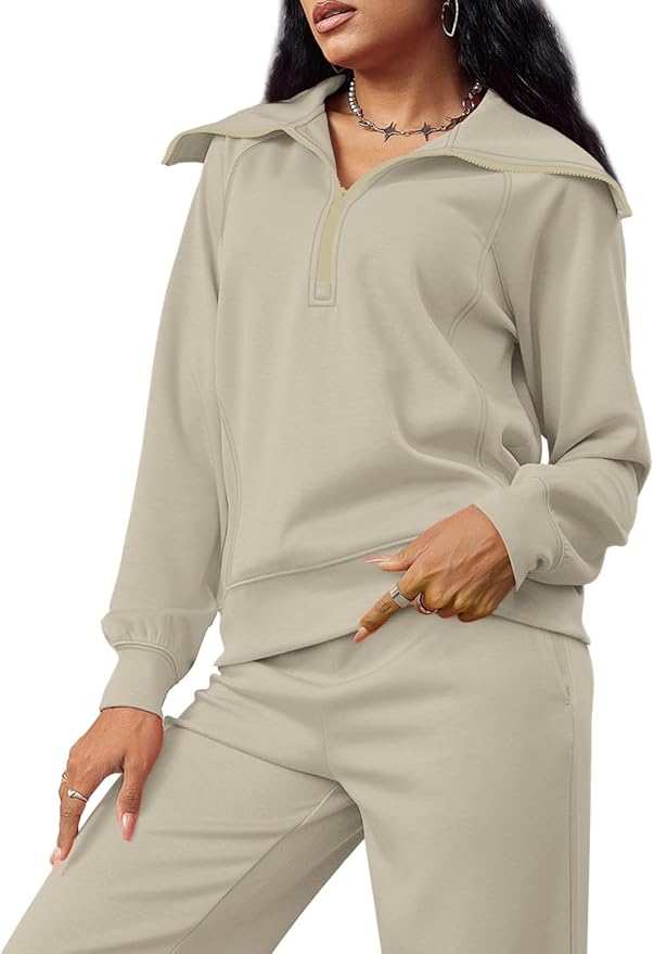 XIEERDUO Lounge Sets For Women 2025 Half Zip Sweatshirt And Wide Leg Sweatpant 2 Piece Outfits Sweatsuit Tracksuit