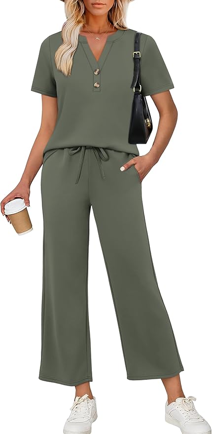 OFEEFAN 2 Piece Sets for Women Spring Fashion Beach Vacation Cruise Outfit Dressy Casual Wide Leg Crop Pants Resort Wear