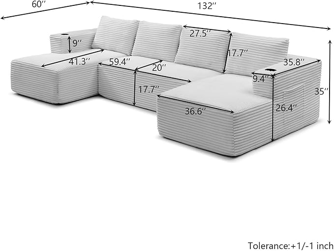 132" Modular Sectional Sleeper Sofa, Boneless Cloud Couch for Living Room, U Shaped 5 Seat Sofa with 2 Cup Holders, Free Combination, No Assembly Required (Blue)