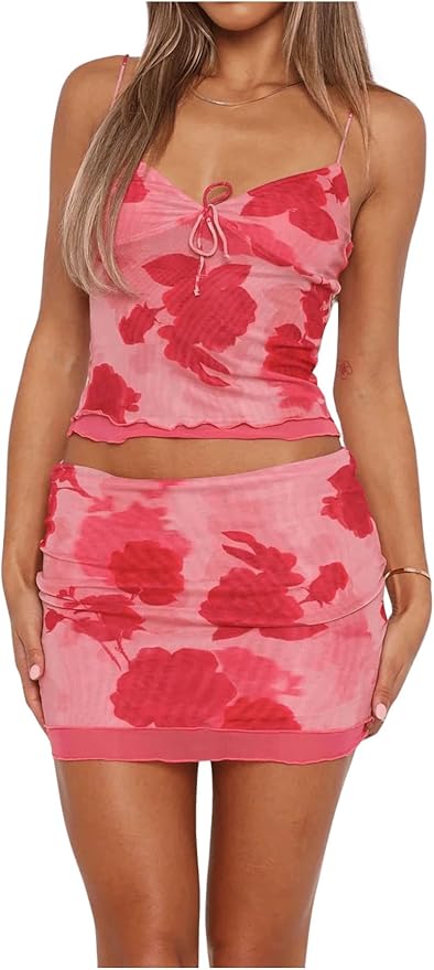 SOLY HUX Women's Summer Mesh Mini Skirt Sets 2 Piece Sexy Crop Camisole Tops Skirts Y2K Suit Going Out Outfits