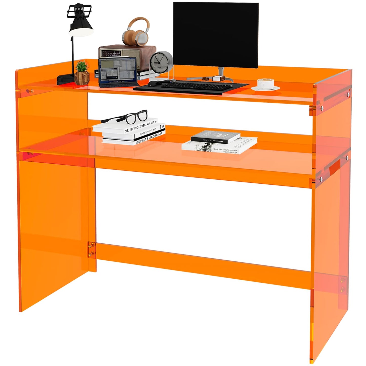 KSacry Acrylic Desk with Retaining Edge, Acrylic Console Table, Clear Art Desk for Office, Study, Bedroom, Entrance Decor (17.7" D x 39.4" W x 31.5" H, Orange)