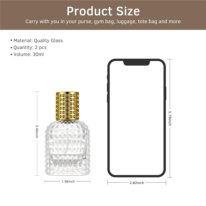 2 Pack 30ml Refillable Spray Perfume Bottles, Empty Clear Perfume Atomizer, Portable Perfume Mist Spray Bottle Travel Perfume Dispense (30ML, Gold)