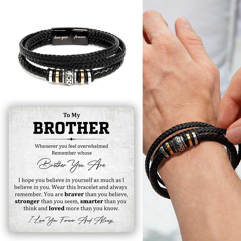 To My Brother Bracelet, Brother Bracelet From Sister, Brothers Bracelets Gift, Braided Leather Stainless Steel Bracelets Gifts For Brothers With Message Card & Box For Wedding Birthday Christmas